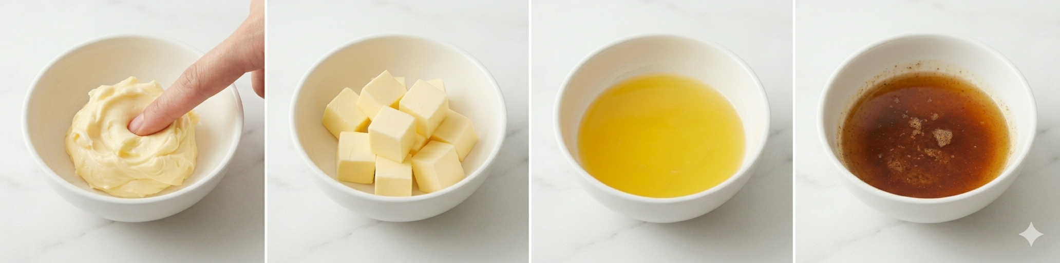 실온 버터, 차가운 버터, 녹인 버터, 태운 버터